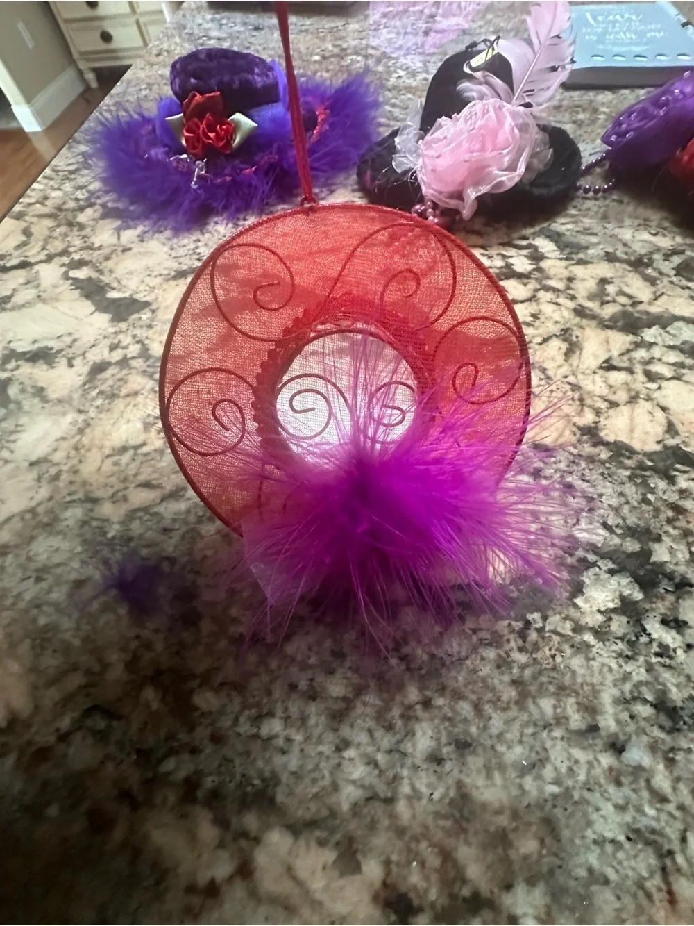 Vintage-Inspired Purple and Red Feathered Pillbox Hat Set - Hanging Decorations